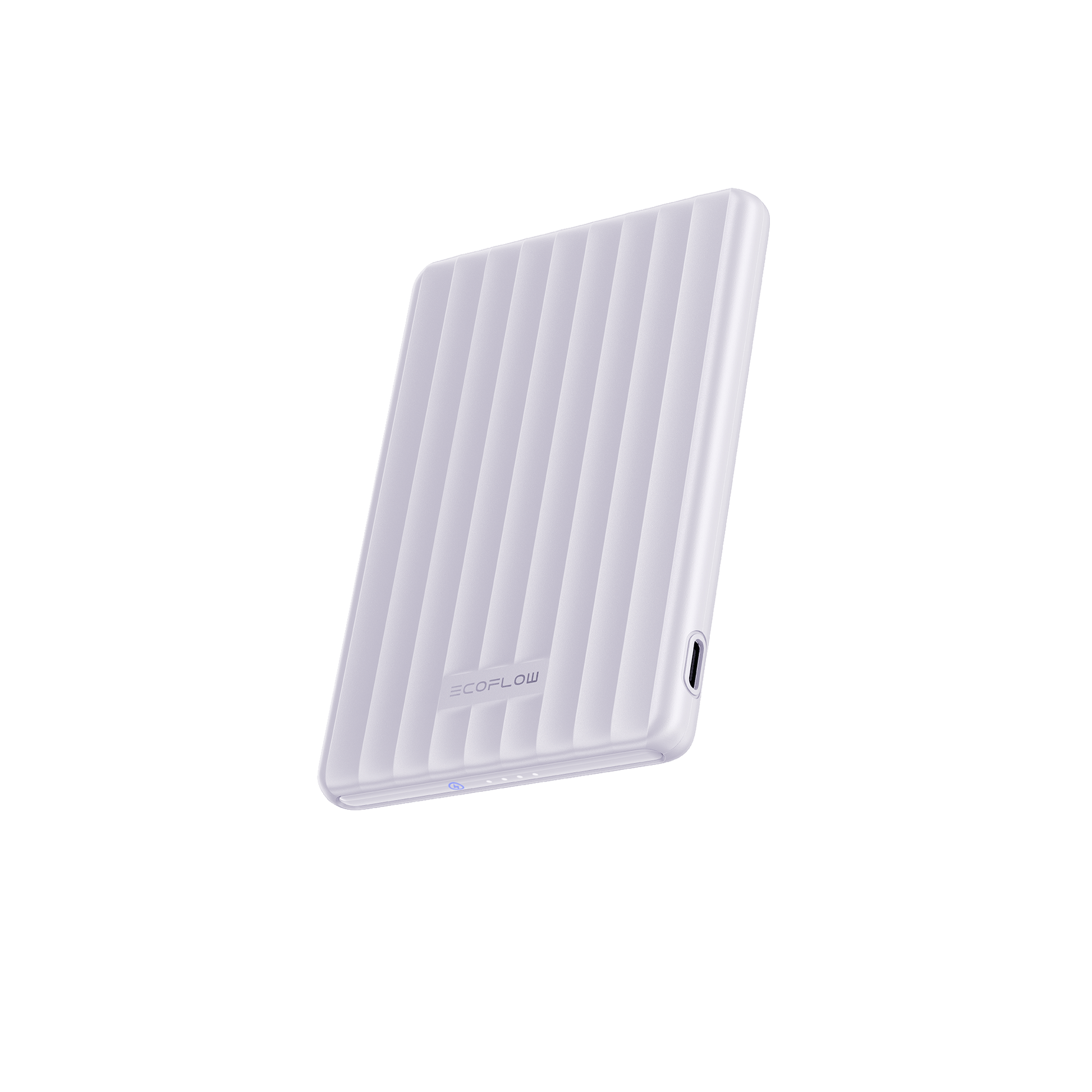Weiße EcoFlow Powerbank mit Rillenstruktur und USB C Anschluss an der Seite