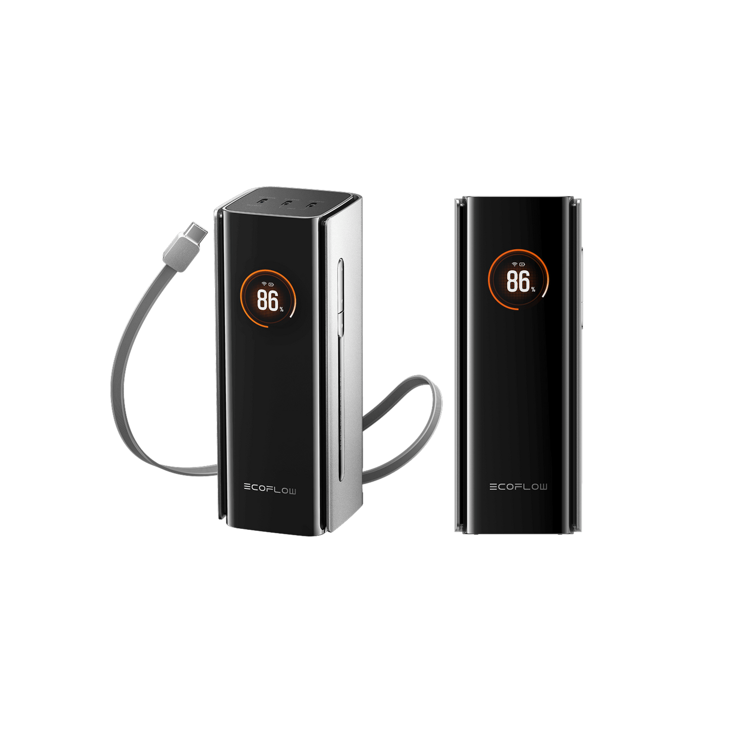Zwei EcoFlow Rapid Pro 20K Powerbanks mit 86 Prozent Anzeige und einem angeschlossenen Kabel