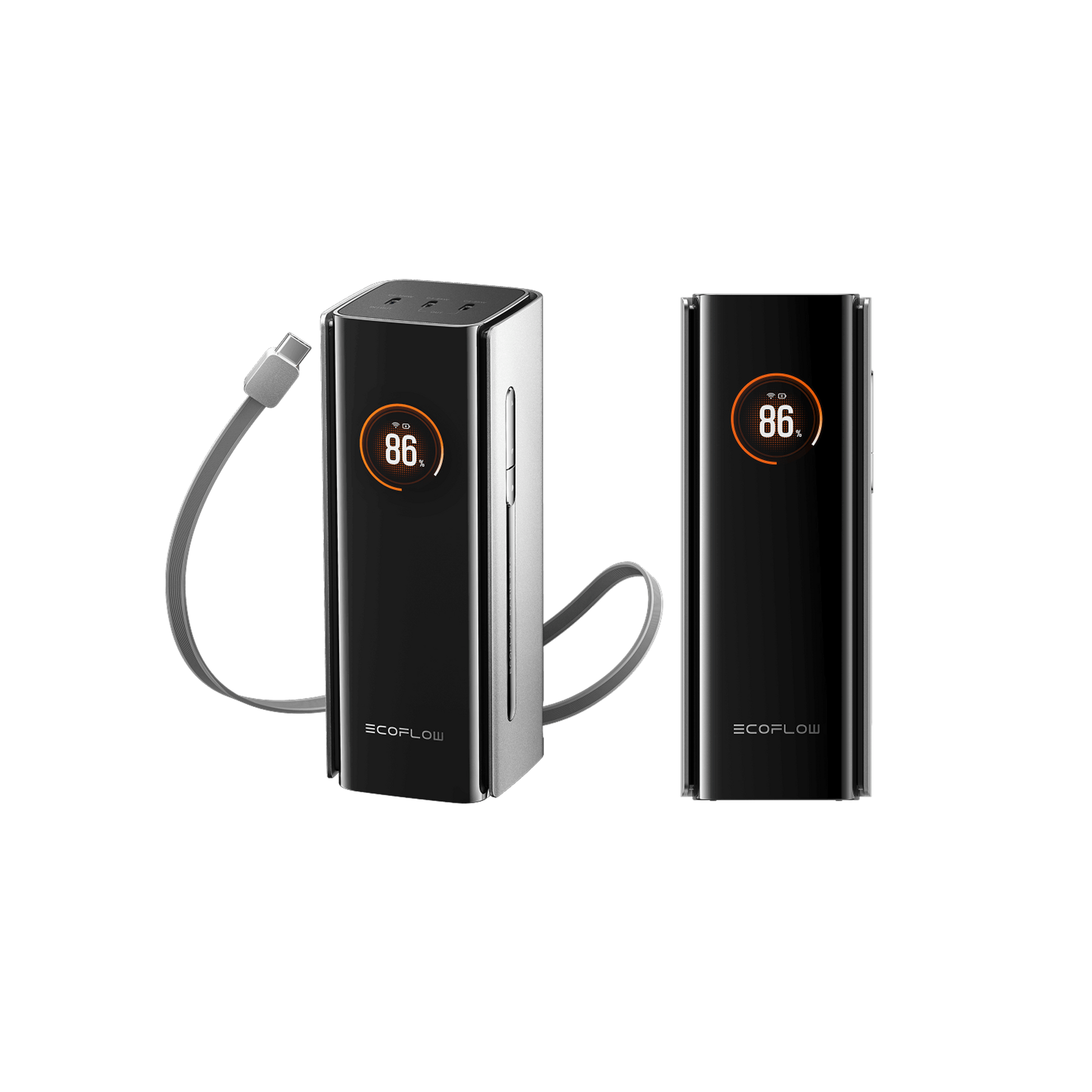 Zwei EcoFlow Rapid Pro 20K Powerbanks mit 86 Prozent Anzeige und einem angeschlossenen Kabel