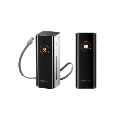 Zwei EcoFlow Rapid Pro 20K Powerbanks mit 86 Prozent Anzeige und einem angeschlossenen Kabel