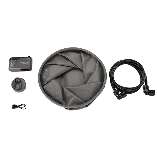 Ecoflow Shower Kit kompletter Lieferumfang mit Akku faltbarem Wassereimer und Schlauch für draußen