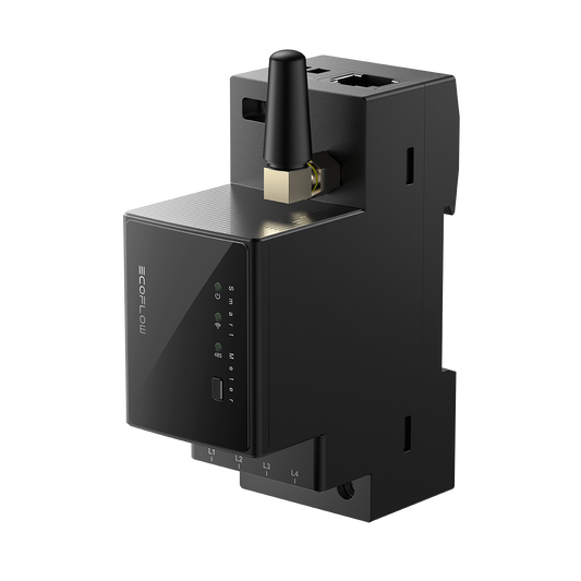 Schwarzes EcoFlow Smart Meter mit Antenne und LED-Anzeigen für smarte Stromüberwachung