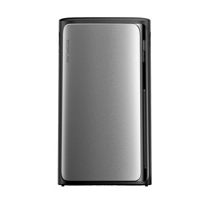 Rechteckige EcoFlow Batterie mit silberner Front und vertikalem Logo auf der Seite