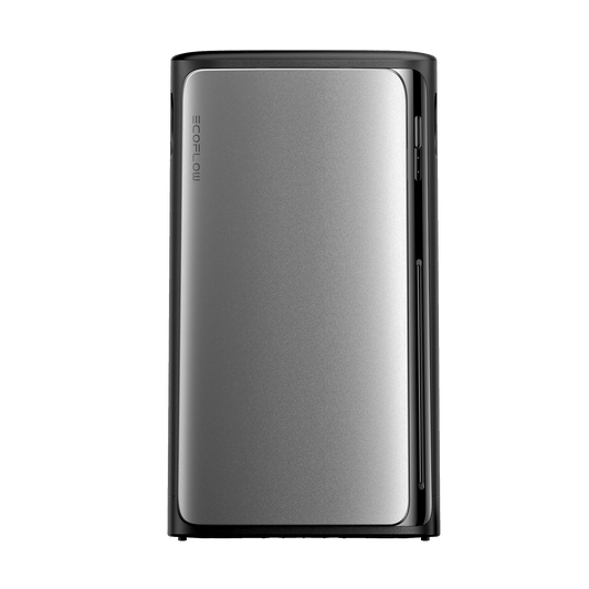 Rechteckige EcoFlow Batterie mit silberner Front und vertikalem Logo auf der Seite