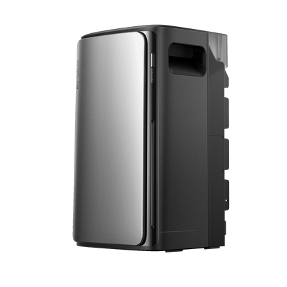 Moderne EcoFlow Batterie mit silberner Front schwarzem Gehäuse und seitlichem Tragegriff