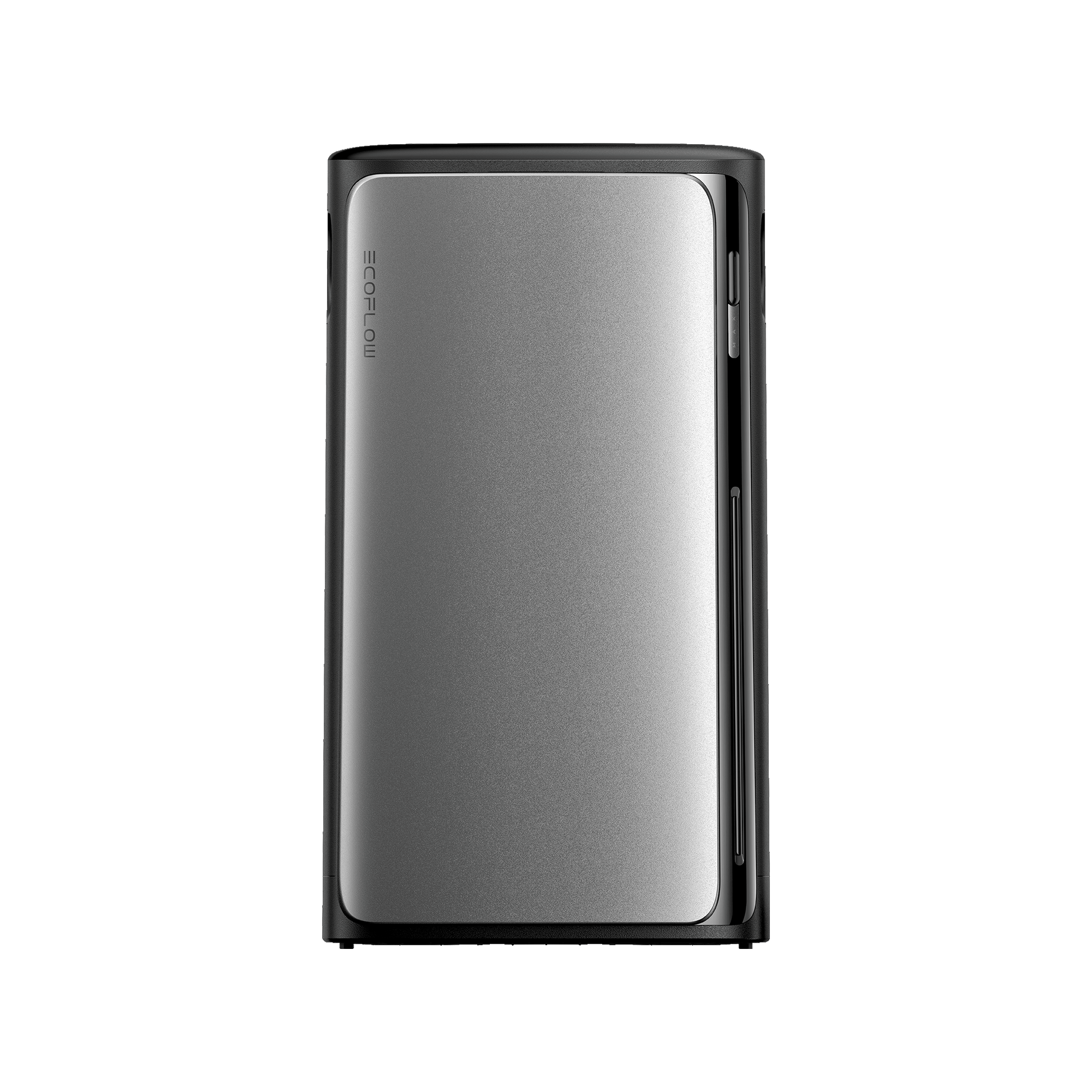 EcoFlow Stream Batterie mit schwarzem Rahmen silberner Front und vertikalem Logo