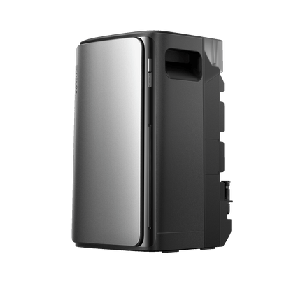 Seitlich tragbare EcoFlow Batterie mit modernem Design und silberner Frontverkleidung