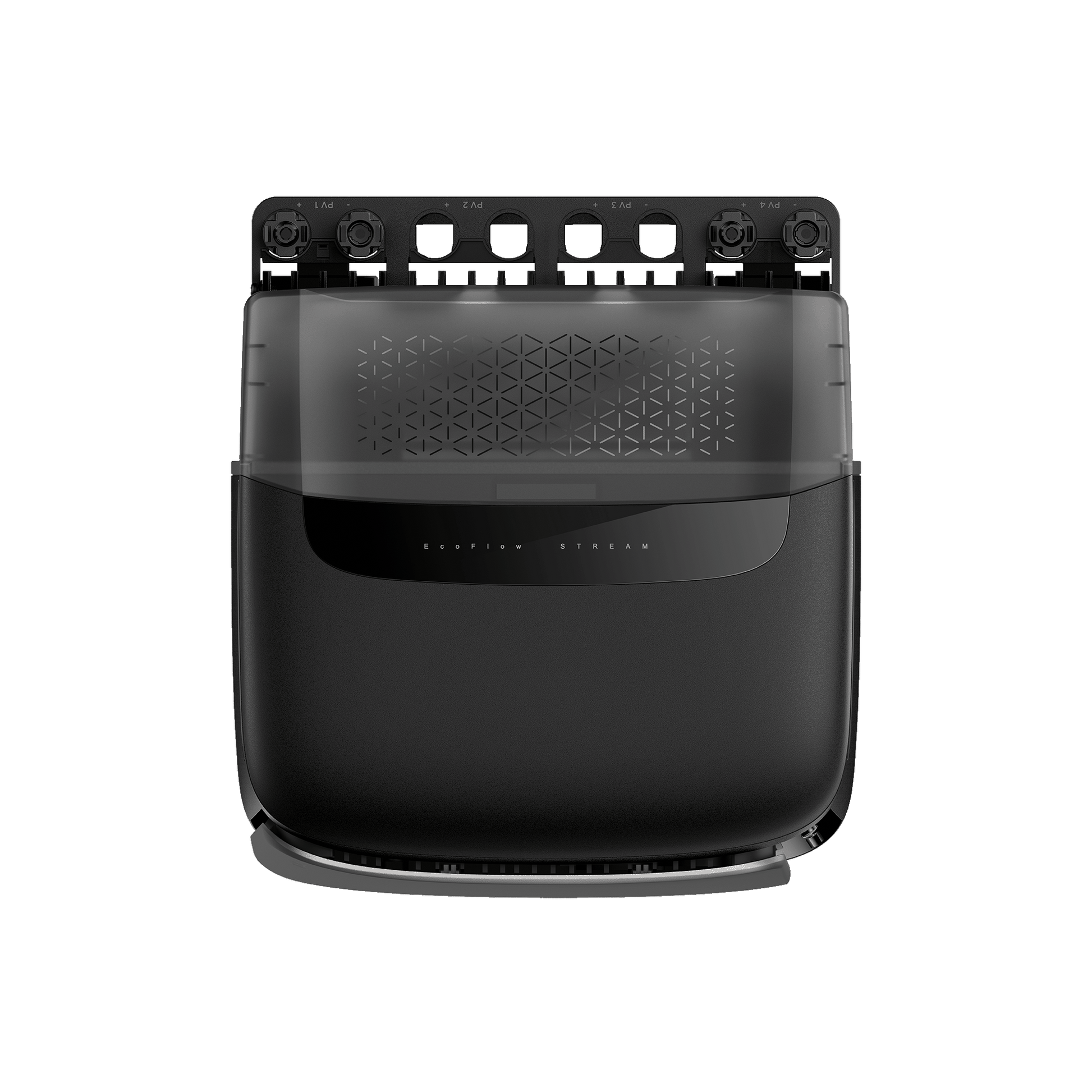 EcoFlow Stream Batterie mit schwarzem Gehäuse und transparentem Deckel mit Muster