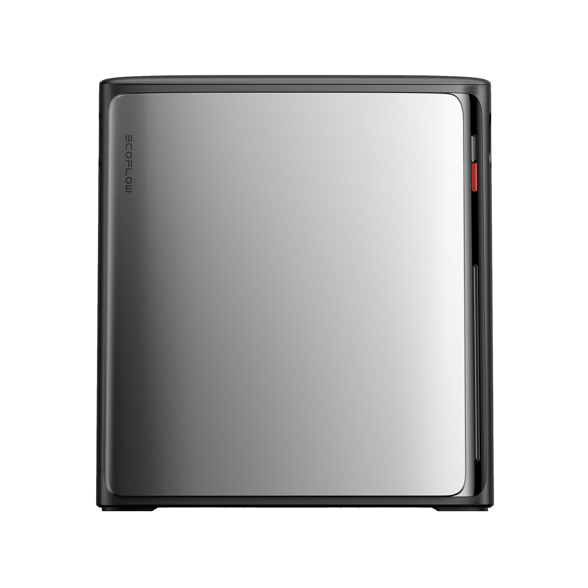 Silberne EcoFlow Batterieeinheit in quadratischer Form mit schwarzem Rahmen