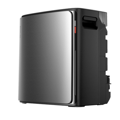 Silberne EcoFlow Batterie mit schwarzem Gehäuse seitliche Ansicht inklusive Griff und Details