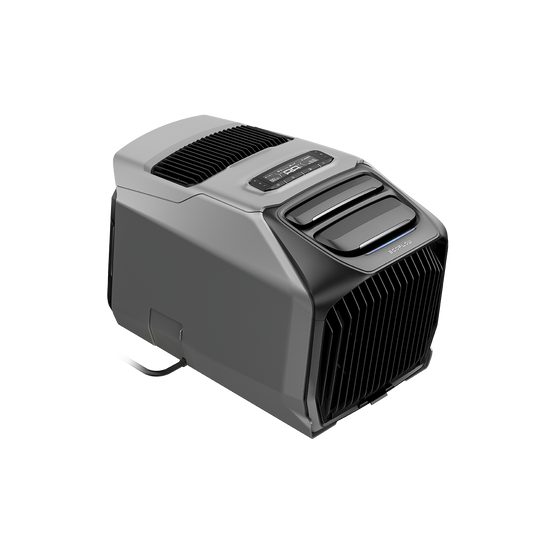 EcoFlow Wave 3 Luftkühler mit Bedienfeld und Lüftungsgitter in grauer Farbe seitlich dargestellt.