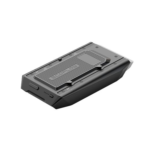 EcoFlow Wave 2 Zusatzakku schräg mit EcoFlow Schriftzug und Status-LEDs auf schwarzem Gehäuse.