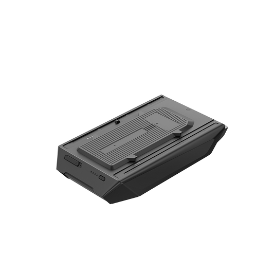 Ecoflow Wave3 Zusatzakku in schräger Ansicht mit Bedienknöpfen und Ladeanzeige im schwarzen Design.