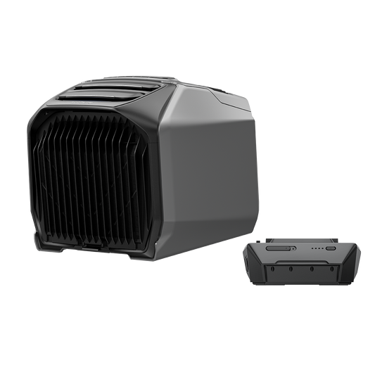 EcoFlow Wave 3 mit Zusatzakku nebeneinander auf weißem Hintergrund in 3D-Perspektive dargestellt.